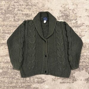 VTG Woolrich Woman L Green Silk Cable Knit Shawl Collar Button Up Cardigan